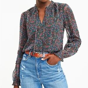 NWT Loft Petite Shimmer Paisley Smocked Ruffle Tie Neck Blouse Medium PM New